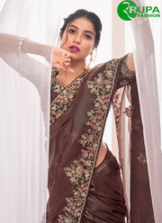 Brown Color Silk Booti, Embroidered, Sequins and Zari Work Designer Saree